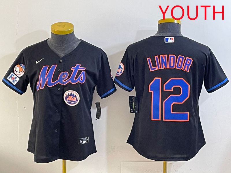 Youth 2025 New York Mets #12 Lindor Black Game Nike MLB Jersey style 13